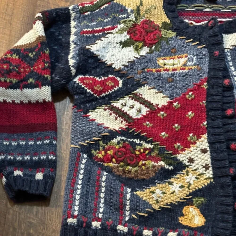 Vintage 2001 Heirloom Collectibles Knit Cardigan Sweater / Cute Art 3D / Y2K Kni - Picture 2 of 8